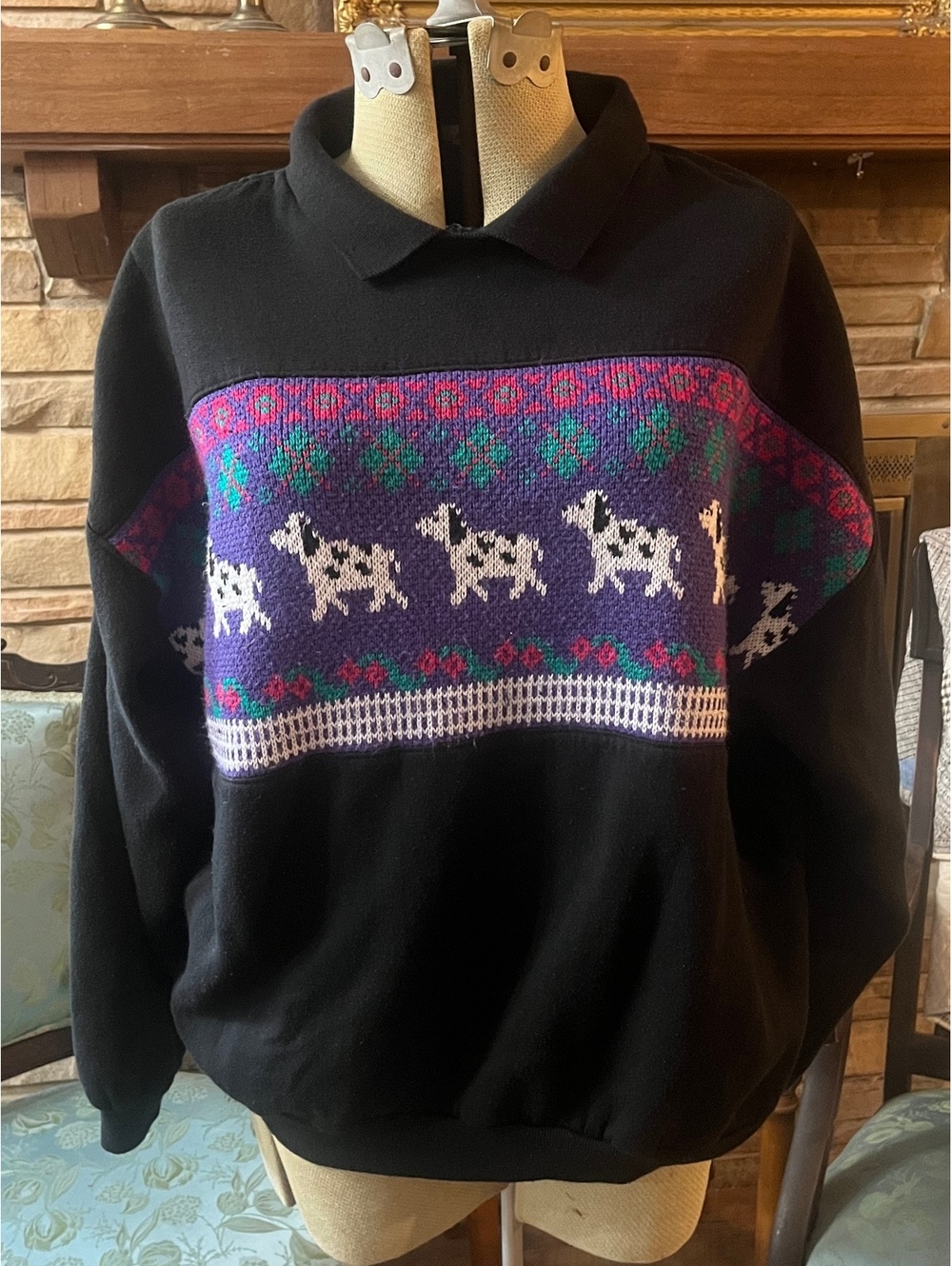 Lauren Brooke Black Pullover Sweater with Dog Pattern and Collared Neck, Size 22